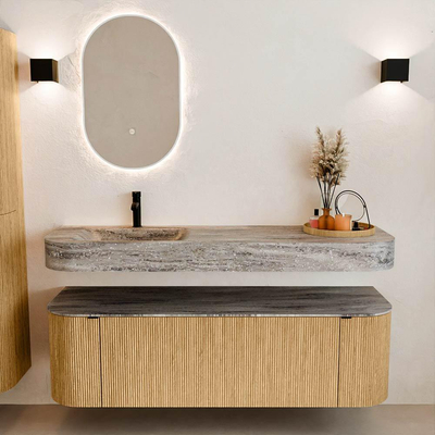 MONDIAZ THOR-DLUX 150cm badmeubel ronding links + rechts kleur Oak met 1 lade en 2 deuren. Vrijhangende wastafel CLOUD Links 1 kraangat kleur Oza.