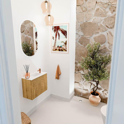 Mondiaz JOYA 50cm toiletmeubel - kleur Oak - Wastafel FAYE positie Rechts 1 kraangat kleur Talc.