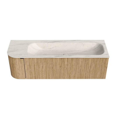 MONDIAZ KURVE-DLUX Meuble de salle de bains 145cm arrondi gauche couleur chêne avec 1 tiroir et 1 porte. Lavabo BIG LARGE droite 1 trou de robinet Meli.