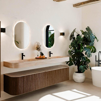 MONDIAZ THOR-DLUX 200cm meuble de salle de bains arrondi à gauche + à droite couleur Noyer avec 2 tiroirs et 2 portes. Lavabo suspendu CLOUD Double 2 trous de robinet couleur Saba.