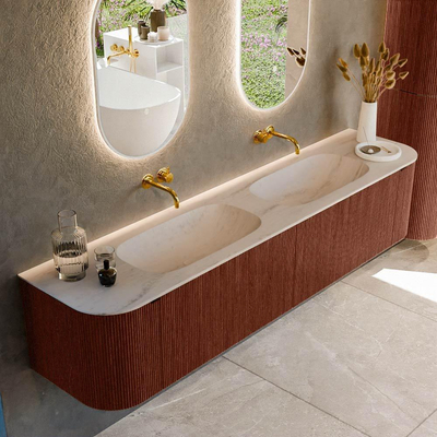 MONDIAZ KURVE-DLUX Meuble de salle de bains 200cm arrondi Gauche + Droite couleur Ruby avec 2 tiroirs et 2 portes. Plan-vasque STOR SMALL Double sans trou de robinet Meli.