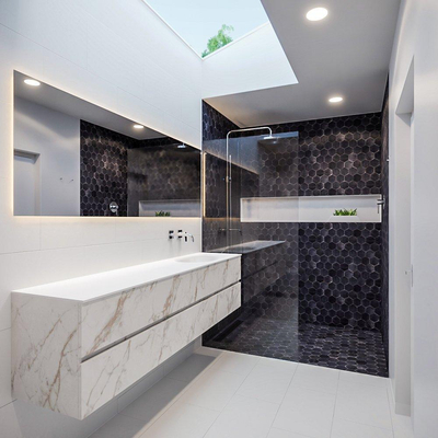 ENSEMBLE DE MEUBLE MONDIAZ VICA - 200 cm - 4 tiroirs - lavabo Moon à droite - 0 trous de robinet - solid surface marbre carrara