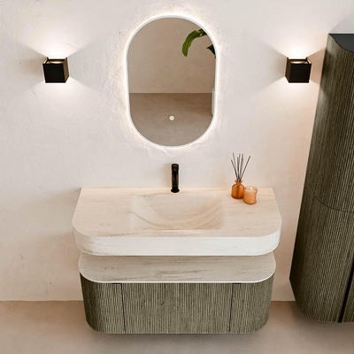 MONDIAZ THOR-DLUX Meuble de salle de bains 110cm arrondi gauche + droite couleur Shadow avec 1 tiroir et 2 portes. Vasque suspendue CLOUD Milieu 1 trou de robinet couleur Meli.