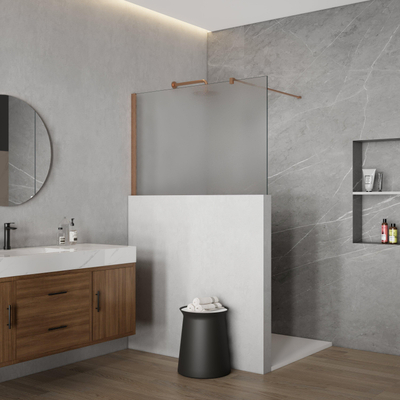 Fortifura Galeria Halfhoge Inloopdouche - 100x80cm - mat glas - 8mm - nano - met profiel en stabilisatiestang - Geborsteld koper PVD (Koper)