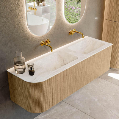 MONDIAZ KURVE-DLUX 145cm Meuble salle de bain avec module 25 G - couleur Oak - 1 tiroir - 1 porte - vasque LEAF double / droite - sans trou de robinet - couleur Frappe