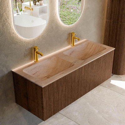 MONDIAZ KURVE-DLUX 120cm badmeubel kleur Walnut met 1 lade en 0 deuren. Wastafel LEAF Dubbel 2 kraangaten Saba.