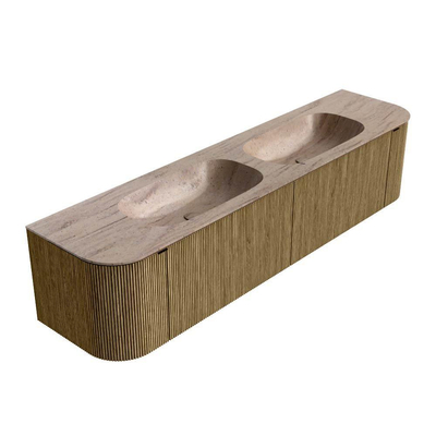 MONDIAZ KURVE-DLUX 190cm meuble de salle de bains arrondi Gauche + Droite couleur Dusk avec 2 tiroirs et 2 portes. Lavabo STOR SMALL Double 2 trous de robinet Saba.