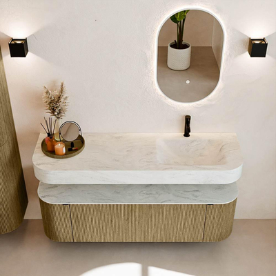 MONDIAZ THOR-DLUX 150cm meuble de salle de bains arrondi gauche + droite couleur Dusk avec 1 tiroir et 2 portes. Vasque suspendue CLOUD Droite 1 trou de robinet couleur Opalo.