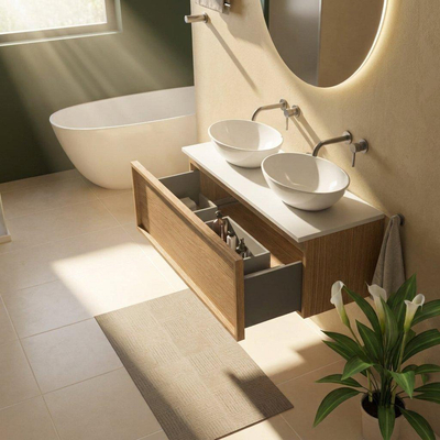 Saniclass Holz Frame Ensemble de meuble de salle de bains - 120x45x42.5cm - plan de toilette Torino en Solid Surface blanc - sans trou de robinet - 1 tiroir - chêne natural mat (bois)