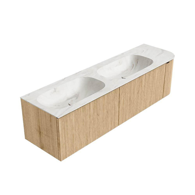 MONDIAZ KURVE-DLUX meuble de salle de bains 165cm avec module 25 R couleur chêne avec 2 tiroirs et 1 porte. Lavabo STOR SMALL double / gauche sans trou de robinet couleur Ostra.