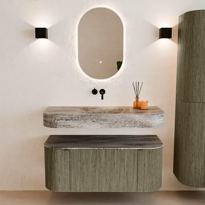 MONDIAZ THOR-DLUX 110cm meuble de salle de bains arrondi gauche + droite couleur Shadow avec 1 tiroir et 2 portes. Vasque suspendue CLOUD Milieu sans trou de robinet couleur Oza.