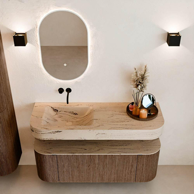 MONDIAZ THOR-DLUX 130cm badmeubel ronding links + rechts kleur Walnut met 1 lade en 2 deuren. Vrijhangende wastafel CLOUD Links zonder kraangat kleur Arena.