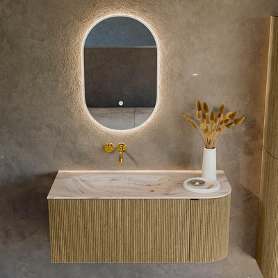 MONDIAZ KURVE-DLUX Meuble de salle de bains 105cm arrondi Droite couleur Dusk avec 1 tiroir et 1 porte. Lavabo BIG SMALL Gauche sans trou de robinet Nata.