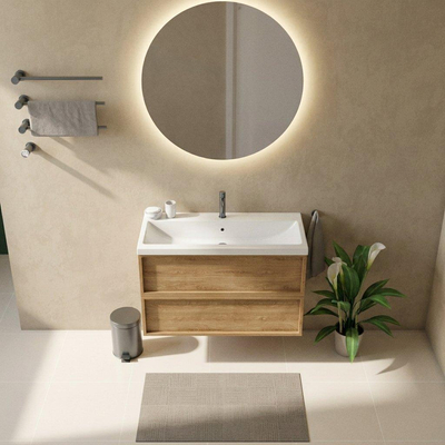 Saniclass Holz Frame Ensemble meuble de salle de bains - 100x45x63.5cm - Bari lavabo en céramique blanc - 1 vasque - 1 trou de robinet - 2 tiroirs - chêne natural mat (bois)