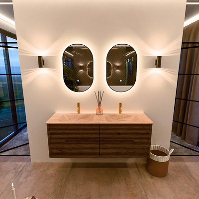 Mondiaz CIRO-DLUX Badkamermeubelset - 140x45x50cm - Solid surface wastafel Saba - 2 wasbak Dubbel - 2 kraangaten - 4 lades - Dusk