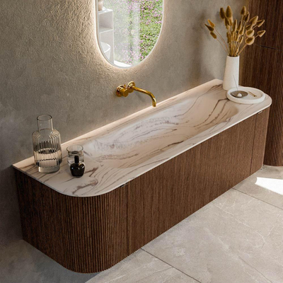 MONDIAZ KURVE-DLUX Meuble de salle de bains 150cm courbure Gauche + Droite couleur Walnut avec 1 tiroir et 2 portes. Lavabo BIG MEDIUM Central sans trou de robinet Nata.