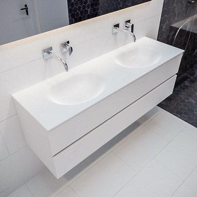 MONDIAZ VICA Ensemble de meuble salle de bain - 150cm - 2 tiroirs - lavabo Moon double - 0 trous de robinet - solid surface talc