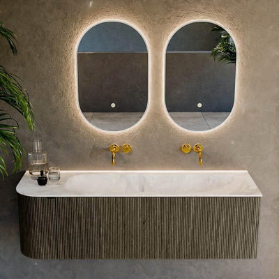 Mondiaz KURVE-DLUX Ensemble de meuble de salle de bains - 145x46x40cm - 1 tiroir - 1 porte - lavabo solid surface - droite - sans trou de robinet - Shadow