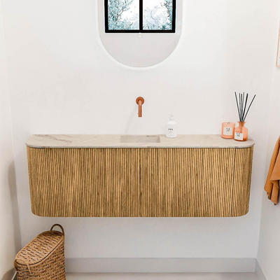 Mondiaz JOYA-DLUX 123.2cm toiletmeubel - ronding links en rechts kleur Oak - Wastafel FAYE positie Midden Zonder kraangat kleur Frappe.