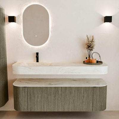 MONDIAZ THOR-DLUX 150cm meuble de salle de bains arrondi gauche + droite couleur Shadow avec 1 tiroir et 2 portes. Vasque suspendue CLOUD Gauche 1 trou de robinet couleur Ostra.