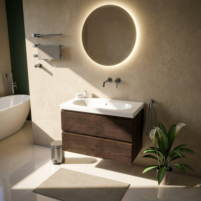 Saniclass Holz Atelier Ensemble de meubles de salle de bains - 100x45x63.5cm - lavabo Palermo en céramique blanc - 1 vasque - sans trou de robinet - 2 tiroirs - chêne charcoal mat (bois)