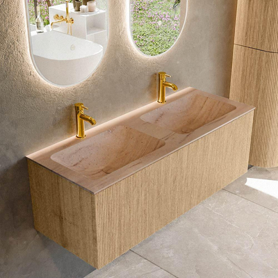 MONDIAZ KURVE-DLUX Meuble de salle de bains 120cm couleur Chêne avec 1 tiroir et 0 porte. Lavabo LEAF Double 2 trous de robinet Saba.