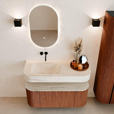 MONDIAZ THOR-DLUX 110cm meuble de salle de bains arrondi gauche + droite couleur Ruby avec 1 tiroir et 2 portes. Vasque suspendue CLOUD Gauche sans trou de robinet couleur Meli.