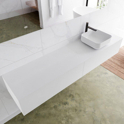 MONDIAZ LAGOM Badkamermeubelset - 90cm - 2 lades - waskom Binx - wasbak rechts - 1 kraangat - Solid surface talc