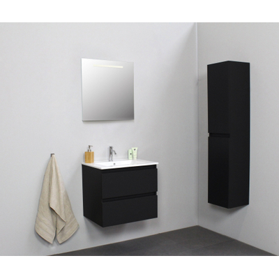 Basic Bella Meuble salle de bains avec lavabo céramique Blanc 60x55x46cm 1 trou de robinet avec miroir et éclairage Noir mat