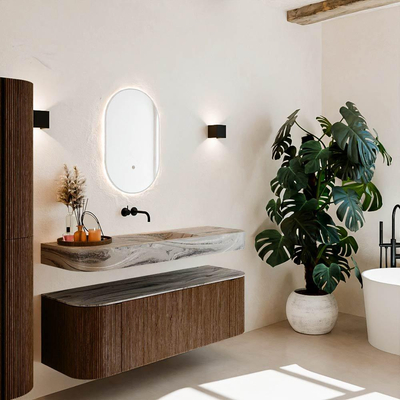 MONDIAZ THOR-DLUX 140cm meuble de salle de bains arrondi gauche + droite couleur Walnut avec 1 tiroir et 2 portes. Vasque suspendue CLOUD Milieu sans trou de robinet couleur Sombra.