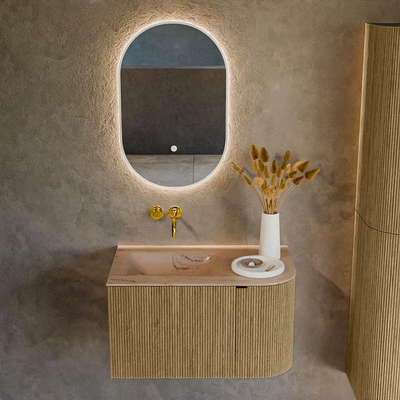 MONDIAZ KURVE-DLUX meuble de salle de bains 75cm arrondi Droite couleur Dusk avec 1 tiroir et 1 porte. Lavabo GRUNNE Gauche sans trou de robinet Arena.