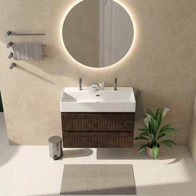 Saniclass Holz Atelier Ensemble meuble de salle de bains - 100x45x72cm - lavabo Legend en céramique blanc - 1 vasque - 2 trous de robinet - 2 tiroirs - chêne charcoal mat (bois)