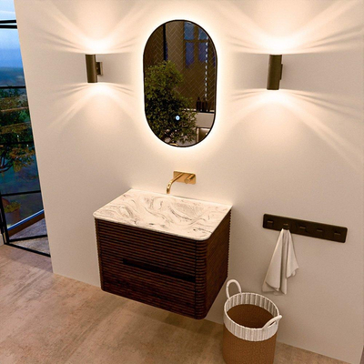 Mondiaz CIRO-DLUX Meuble de salle de bains - 70x45x50cm - vasque en solid surface Glace - 1 bassin au milieu - sans trous de robinetterie - 2 tiroirs - Noyer