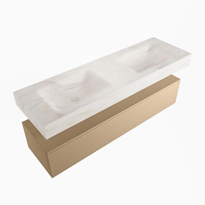 Mondiaz ALAN-DLUX Ensemble de meuble - 150cm - meuble - Oro mat - 1 tiroir - Lavabo Cloud Ostra suspendu - vasque gauche et droite - 0 trous de robinet - Beige