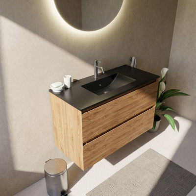 Saniclass Holz Pure Ensemble de meubles de salle de bains - 100x45x62cm - Lavabo Vygo en céramique noir - 1 vasque - 1 trou de robinetterie - 2 tiroirs - chêne natural mat (bois)