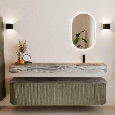 MONDIAZ THOR-DLUX 180cm badmeubel ronding links + rechts kleur Shadow met 2 lades en 2 deuren. Vrijhangende wastafel CLOUD Rechts 1 kraangat kleur Sombra.