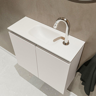 MONDIAZ TURE Fonteinset - 60x23x50cm - 1 kraangat - 2 deuren - linen mat - Wasbak midden - Solid Surface Wit