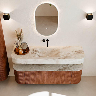 MONDIAZ THOR-DLUX 150cm meuble de salle de bains arrondi gauche + droite couleur Ruby avec 1 tiroir et 2 portes. Vasque suspendue CLOUD Milieu sans trou de robinet couleur Frappe.