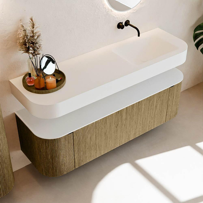 MONDIAZ THOR 150cm meuble de salle de bains arrondi gauche + droite couleur Dusk avec 1 tiroir et 2 portes. Vasque suspendue CLOUD droite sans trou de robinet couleur Talc.