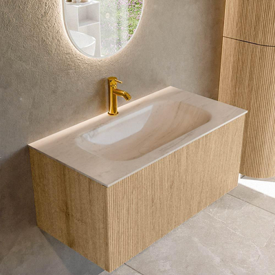 MONDIAZ KURVE-DLUX meuble de salle de bains 90cm couleur chêne avec 1 tiroir et 0 portes. Lavabo BIG SMALL central 1 trou de robinet Meli.