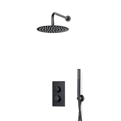 FortiFura Calvi Colonne de douche pluie à encastrer thermostatique avec douche de tête 25cm et douchette stick carré Noir mat
