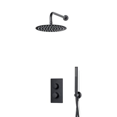 Fortifura Calvi Ensemble de douche pluie encastrable - thermostatique - bras mural - pommeau 25cm - douchette stick - flexible en métal - Noir mat