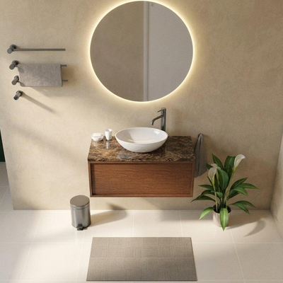 Saniclass Holz Frame Ensemble meuble de salle de bains - 100x45x43cm - Noche plan en pierre naturelle dark emperador - 1 trou de robinetterie - 1 tiroir - mat walnut pure (bois)