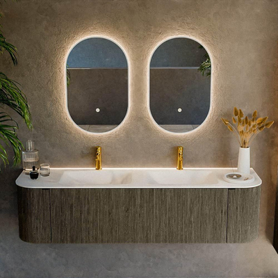 Mondiaz KURVE Ensemble de meuble de salle de bains - 170x46x40cm - 1 tiroir - 2 portes - vasque solid surface - double - 2 trous de robinet - Shadow