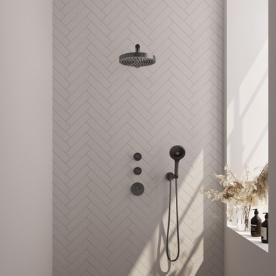BRAUER Stripe Thermostatische Inbouw Regendouche - SET 04 - 25cm douchekop - rechte muurarm - 3-standen handdouche - doucheslang - wandaansluitbocht - gunmetal geborsteld PVD