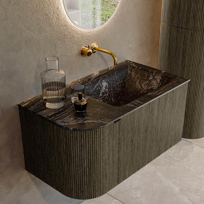 Mondiaz KURVE-DLUX Badkamermeubelset - 85x46x40cm - 1 lade - 1 deur - wastafel solid surface - rechts - zonder kraangat - Shadow