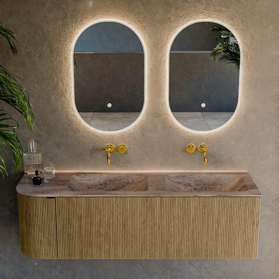 MONDIAZ KURVE-DLUX 145cm meuble de salle de bains arrondi à gauche couleur Dusk avec 1 tiroir et 1 porte. Lavabo LEAF Double / Droite sans trou de robinet Oza.
