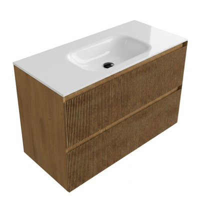 Saniclass Holz Atelier Ensemble meuble de salle de bains - 100x45x61.5cm - lavabo Flow en solid surface blanc - 1 vasque - sans trou de robinetterie - 2 tiroirs - chêne natural mat (bois)