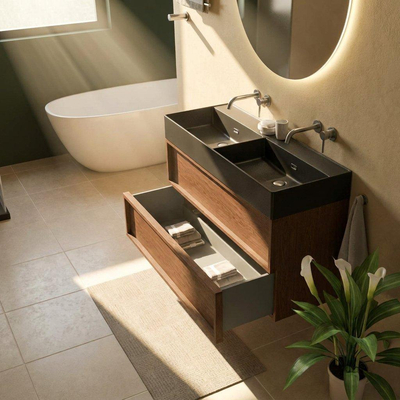 Saniclass Holz Frame Ensemble meuble de salle de bains - 120x45x72cm - Lavabo Legend en céramique noir mat - 2 vasques - sans trous de robinet - 2 tiroirs - walnut pure mat (bois)