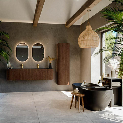 MONDIAZ KURVE 170cm badmeubel met module 25 Len R kleur Walnut met 1 lade en 2 deuren. Wastafel CLOUD dubbel 2 kraangaten Urban.